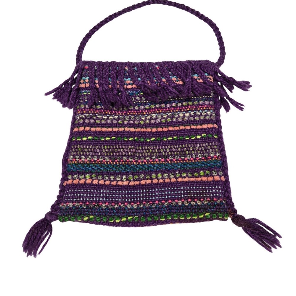 Vintage Hand Woven Purple Yarn Fringe Bag Nellie Burnham Boho Textile Purse 70s - Picture 6 of 14